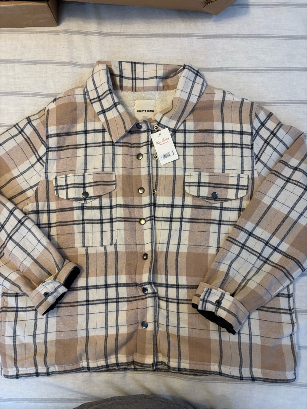 Lucky Brand Tan and Cream Plaid Button-Front Shirt Jacket